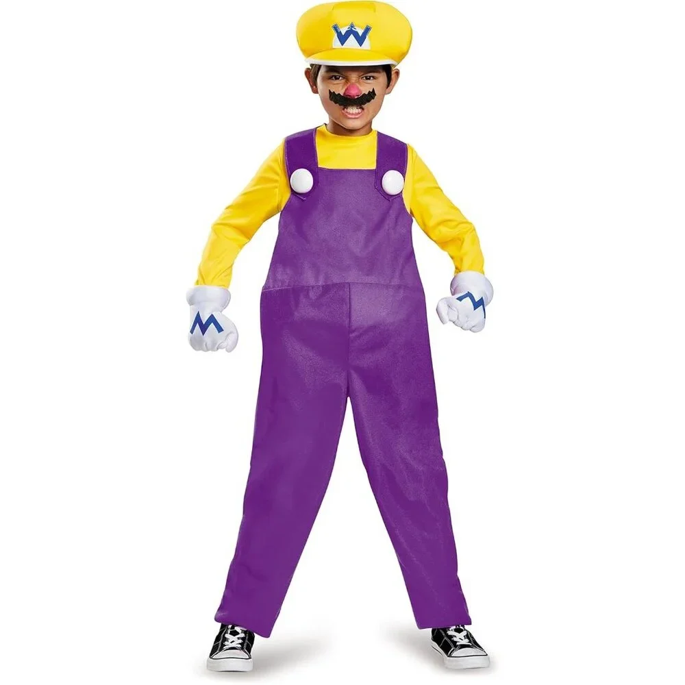 Super Mario Wario Kids Costume 4-6 Inflatable Belly Hat Gloves Mustache Nintendo